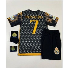 Alaturka Mix Real Madrid C.ronaldo Cf Desenli Özel Konsept Çocuk Forması Çorap Bileklik Hediyeli (Black/gold)