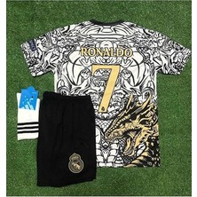 Alaturka Mix Real Madrid C.ronaldo Beyaz Gold Dragon Desenli Çocuk Forması Çorap Bileklik Hediyeli (White/gold)