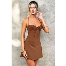Aesco Özel Tasarım Ince Askılı Sırt Dekolteli Kahverengi Mini Saten Gecelik