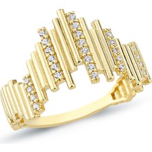 Oroline Kuyumculuk 8 Ayar Çubuk Desenli Taşlı Modern Kadın Altın Yüzük