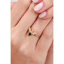 Oroline Kuyumculuk 8 Ayar Arı Desenli Siyah Taşlı Kadın Altın Yüzük