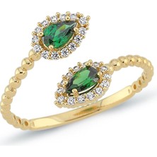 Oroline Kuyumculuk 8 Ayar Açık Uçlu Yeşil Taşlı Minimal Kadın Altın Yüzük