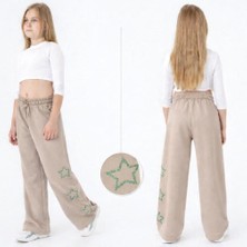 Mışıl Kız Çocuk Vizon Geniş Paça Eşofman Altı – Simli Yeşil Yıldız DETAYLI-7805