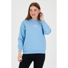 Kadın Oversize Yazı Baskılı 3 Iplik Sweatshirt Mavi