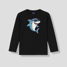 Mixxi Fashion Güneş Gözlüklü Havalı Köpekbalığı Cool Shark Uzun Kollu Baskılı Unisex Çocuk Tişört (4-13 Yaş)