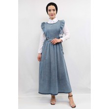 Moda Çizgi Fırfırlı Salopet Kot Elbise Mavi