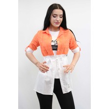 Moda Çizgi Pıt Pıt Desen Ikili Takım  Turuncu