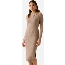Guess Uzun Kollu Balıkçı Yaka Priscilla Saç Örgü Fitilli Kadın Bej Elbise W6RK01Z2YJ2-A10L