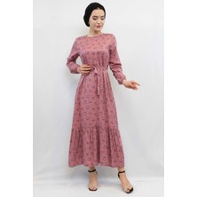 Moda Çizgi Çiçek Desenli Elbise Gül Kurusu