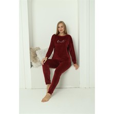 Moda Çizgi Kadın Kadife Bordo Pijama Takım 20624