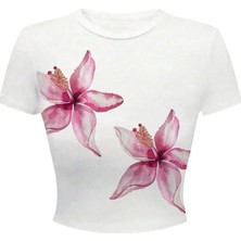 İsra Ayyıldız Moonstar Collection Beyaz Lily Flowers Y2K Kısa Kollu Crop T-Shirt