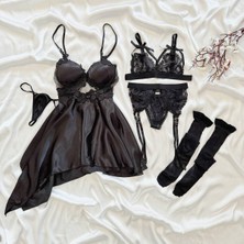 Çeyize Dair Herşey Passion Blcak Saten 4 Lü Gecelik Seti