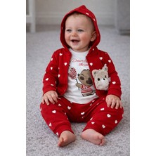 Aki Moda Kids Kız Bebek Kapüşünlu Kalpli Desenli Ayıcık Figürlü Bebek Eşofman Takımı (3’lü Set)
