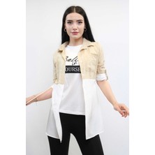 Moda Çizgi Pıt Pıt Desen Ikili Takım Bej