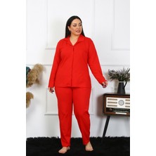 Moda Çizgi Kadın Büyük Beden Pamuklu Cepli Düğmeli Kırmızı Pijama Takım 202401