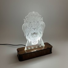 Misspergamon Aslan Figürlü Akrilik LED Gece Lambası - Ahşap Kaideli Dekoratif Masa Lambası