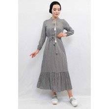 Moda Çizgi Ekose Elbise Siyah