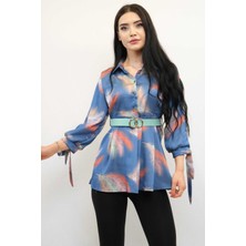 Moda Çizgi Kemerli Gömlek Tunik Indigo