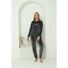 Moda Çizgi Kadın Kadife Füme Pijama Takım 20624