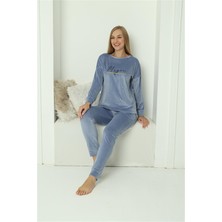 Moda Çizgi Kadın Kadife Mavi Pijama Takım 20624