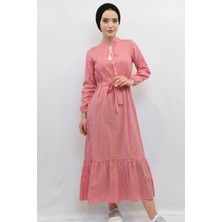 Moda Çizgi Ekose Elbise Kırmızı