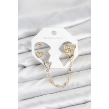 Skygo Pirinç Gold Renk Kalp Model Zincir Bağlantılı Ear Cuff Küpe Seti TJ-BKP11541