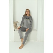 Moda Çizgi Kadın Kadife Gri Pijama Takım 20624