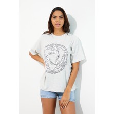 Polo State Kadın Baskılı Oversize T-shirt Gri