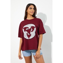 Polo State Kadın Baskılı Oversize T-shirt Bordo