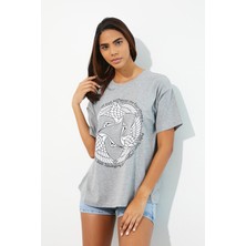 Polo State Kadın Baskılı Oversize T-shirt Gri Melanj