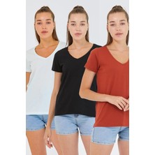 Polo State Kadın %100 Pamuk V Yaka 3lü T-shirt Paketi  Su Yeşili