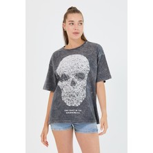 Polo State Kadın Parça Boya Baskılı Oversize Basic T-shirt  Antrasit