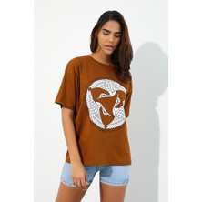 Polo State Kadın Baskılı Oversize T-shirt Hardal