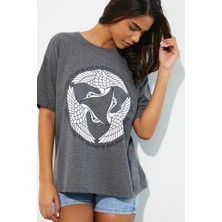 Polo State Kadın Baskılı Oversize T-shirt Antrasit