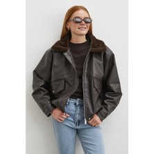 Never More Peluş Astar Detaylı Deri Mont Kahve