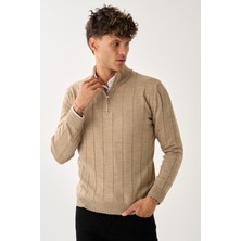 Dikey Dokuma Desenli Fermuarlı Triko Kazak