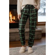 Remsa Kadın Ekose Desen Paçası Lastikli Cep Detaylı Kadife Kumaş Tek Alt 505 Yeşil