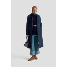 Armine Trend Baklava Desenli Boydan Fermuarlı Kemerli Kapitone Mont Lacivert 25KT706