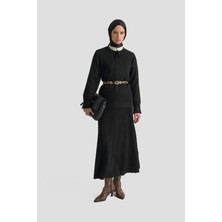 Armine Trend Kolu Büzgülü Bağcık Detaylı Etekli Triko İkili Takım Siyah 25KTD6108
