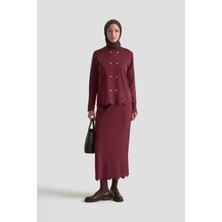 Armine Trend Çift Düğme Detaylı Cepli Etekli Triko İkili Takım Bordo 25YTD6118