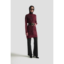 Armine Trend Leopar Desenli Balıkçı Yaka Triko Tunik Bordo 25YTD4110