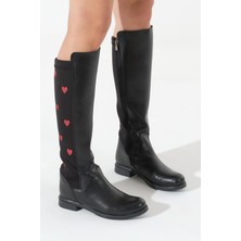 Tonny Black Kadın Siyah Termo Taban Arkası Strec Kalpli Fermuarlı Çizme