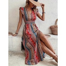 Melen Moda Kadın Kısa Kollu V Yakalı Desenli Yandan Yırtmaçlı Süprem Elbise