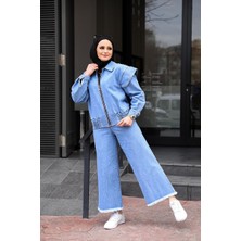 Omuz Detaylı  Kot Ceket Açık Mavi