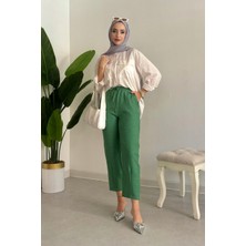 Tesettür Diyarı Melaj Kumaş Sofya Keten Pantolon-Yeşil
