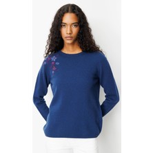 Desen Triko Kadın Sıfır Yaka Omzu Işlemeli Yün Kazak 25204 Indigo