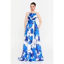 Şeref Vural Kadın Çiçek Desenli Straplez Uzun Abiye Elbise 8357 Mavi