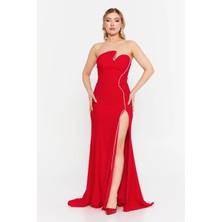 Şeref Vural Kadın Straplez Derin Yırtmaçlı Balık Form Abiye Elbise 8266 Kırmızı