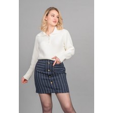 MissVina Chic Süs Düğme Detaylı Kaşe Çizgili Mini Etek 6824