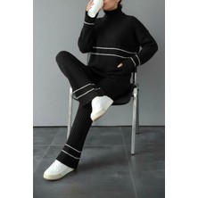 Newco Ekru Çizgi Detaylı Balıkçı Boğazlı Fitilli Triko Ikili Takım Rahat Kalıp